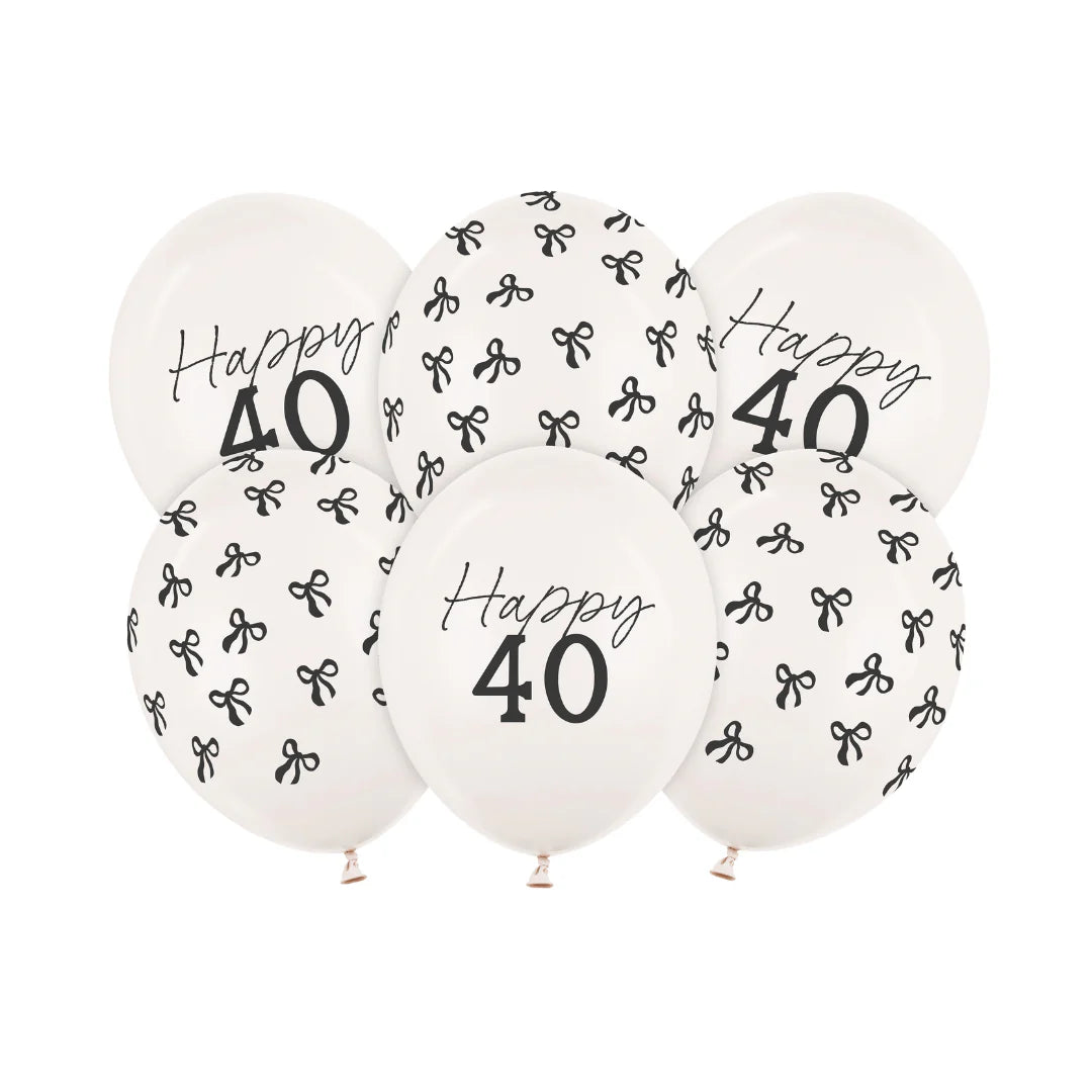 12"/ 30cm BLACK BOW 'HAPPY 40' 6 PACK LATEX BALLOONS