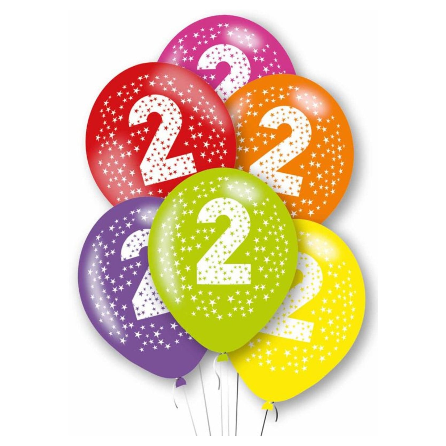 11"/ 27cm MULTICOLOURED AGE '2' 6 PACK LATEX BALLOONS