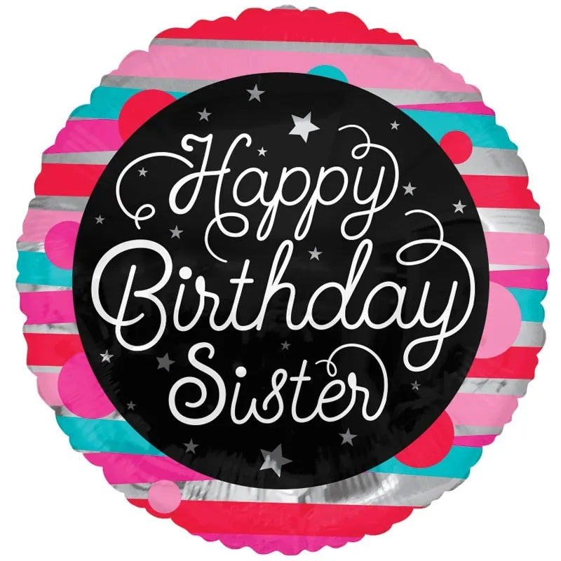 18"/ 46cm HAPPY BIRTHDAY SISTER STRIPED ROUND FOIL BALLOON
