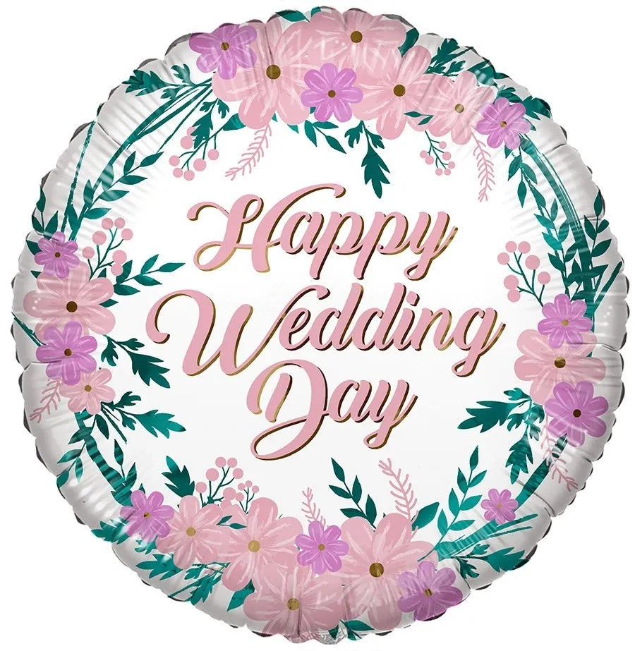 18"/ 46cm HAPPY WEDDING DAY FLORAL ROUND FOIL BALLOON