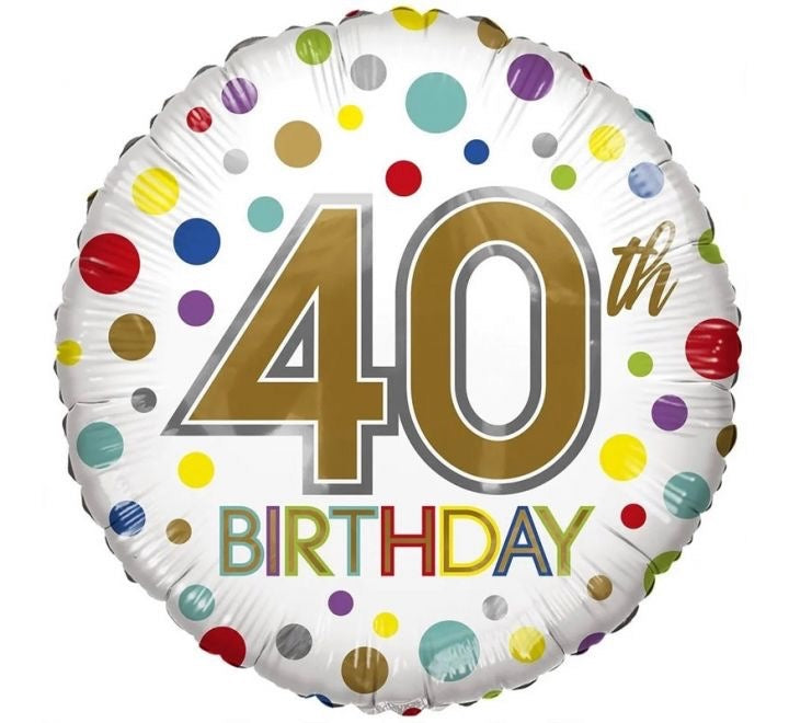 18"/ 46cm WHITE 40TH BIRTHDAY COLOUFUL CONFETTI ROUND FOIL BALLOON
