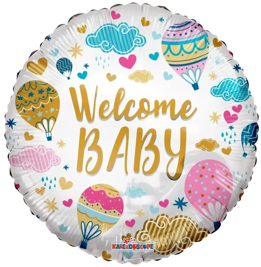 18"/ 46cm WELCOME BABY HOT AIR BALLOONS ROUND FOIL BALLOON