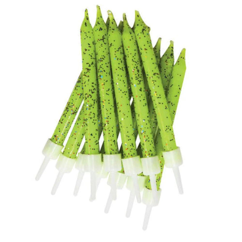 3"/ 7.5cm LIME GREEN GLITTER BIRTHDAY CANDLES WITH HOLDERS (12 PACK)