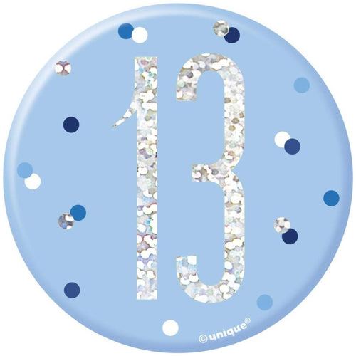 3"/ 8cm GLITZ BLUE 13th BIRTHDAY BADGE