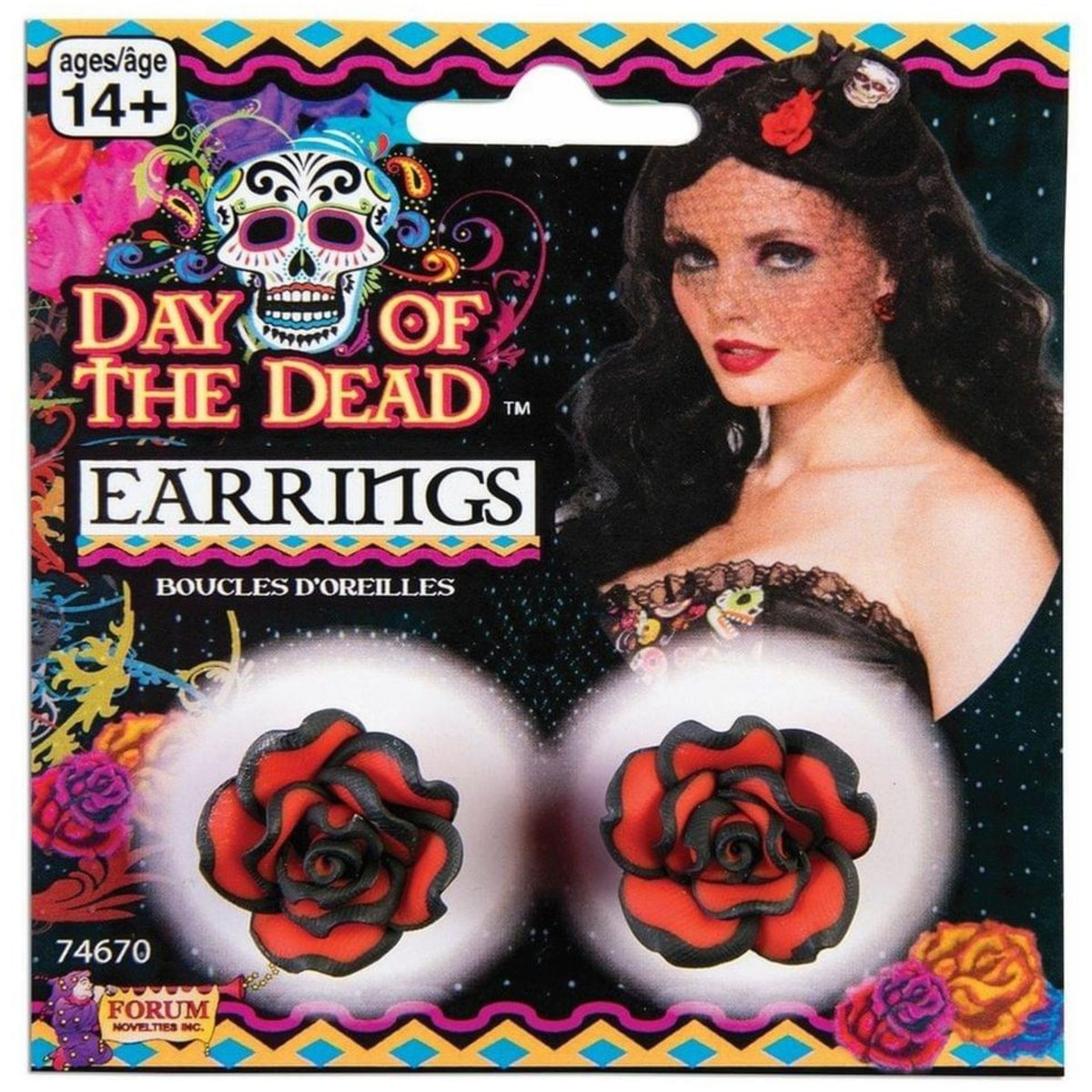 DAY OF THE DEAD RED ROSE COSTUME EARRINGS