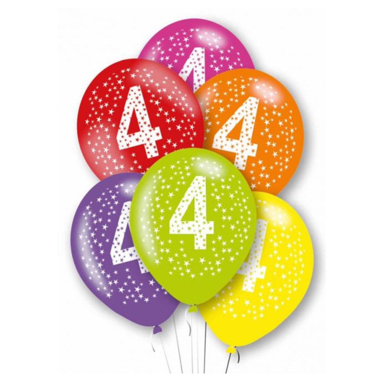 11"/ 27cm MULTICOLOURED AGE '4' 6 PACK LATEX BALLOONS