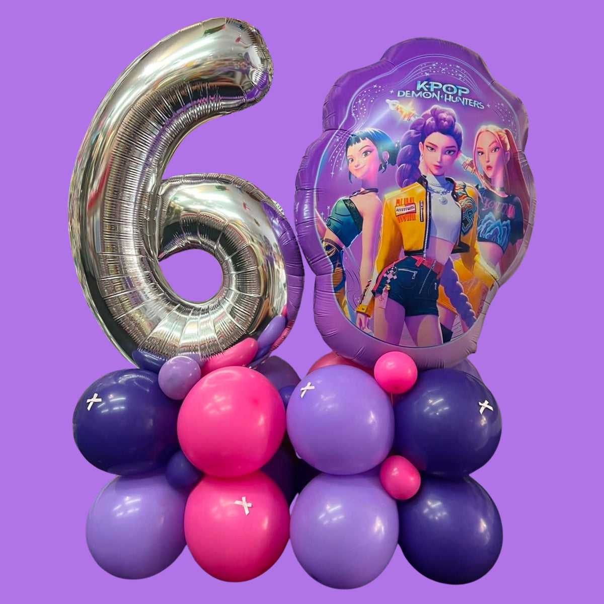 Giant Silver '6' and K-Pop Supershape on Violet, Lilac and Fuchsia Air-Filled Latex Base with 5" Mini-Latex & Bow Detail
