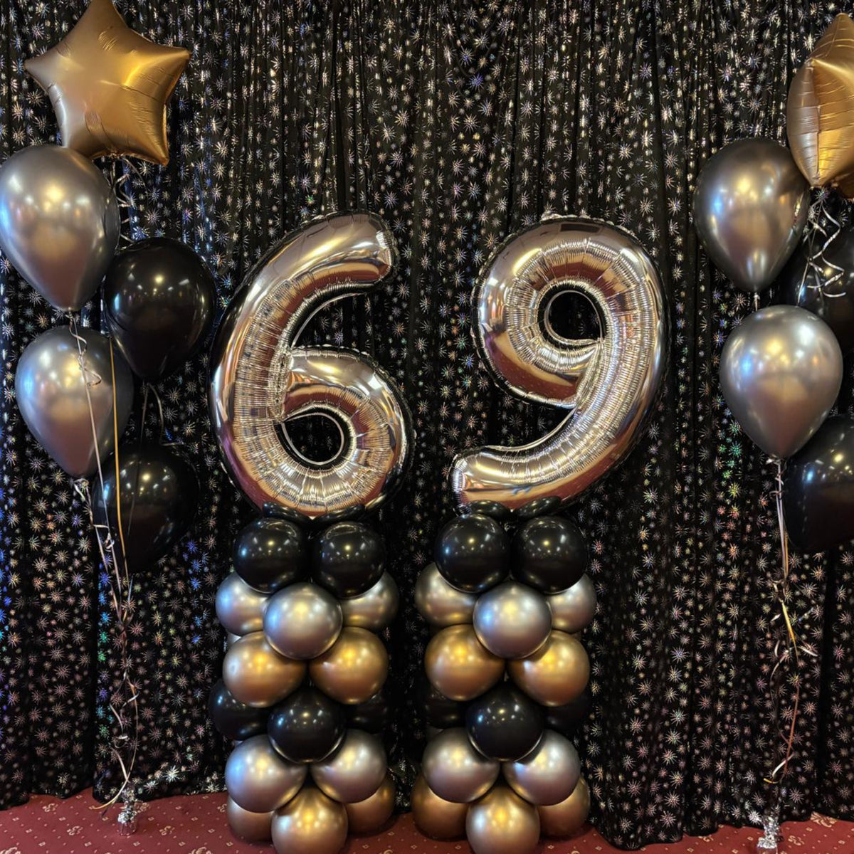Gold Chrome, Silver Chrome & Black Layered Towers with Silver '69' on top