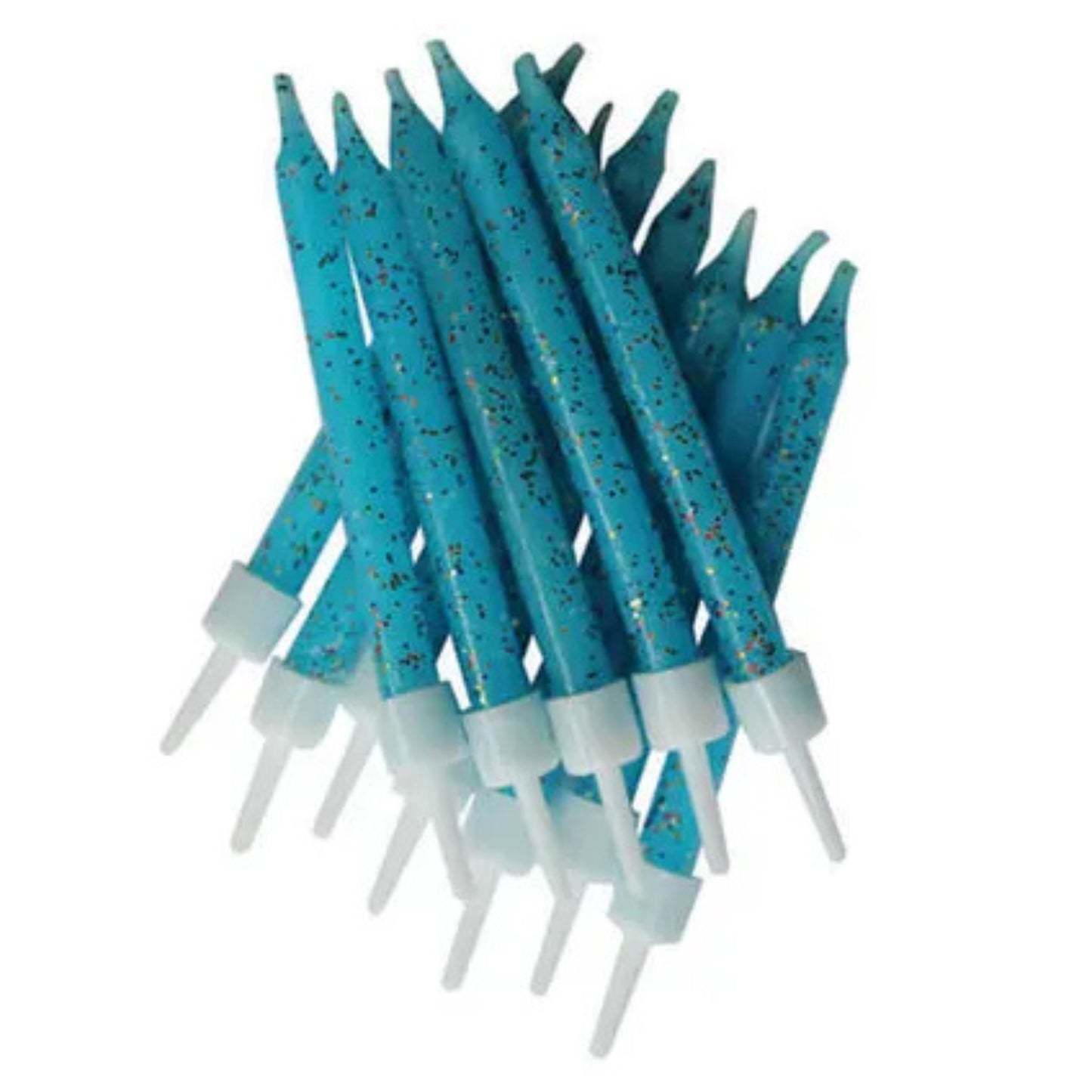 3"/ 7.5cm BLUE GLITTER BIRTHDAY CANDLES WITH HOLDERS (12 PACK)