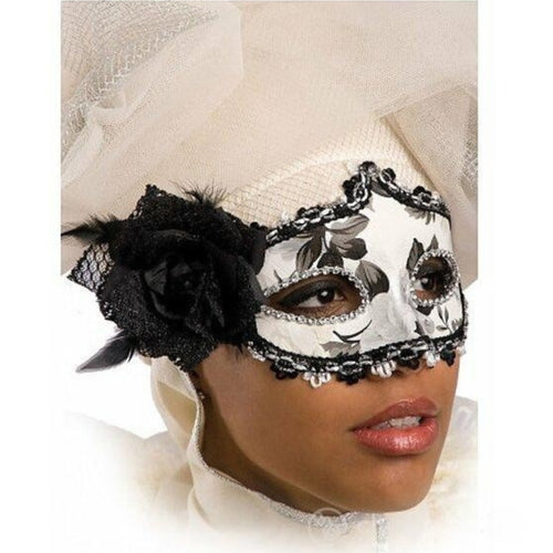 BLACK & WHITE PLASTIC MASK WITH ROSE & FEATHERS