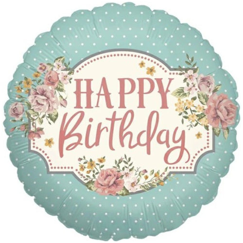 18"/ 46cm VINTAGE FLORAL HAPPY BIRTHDAY ROUND FOIL BALLOON