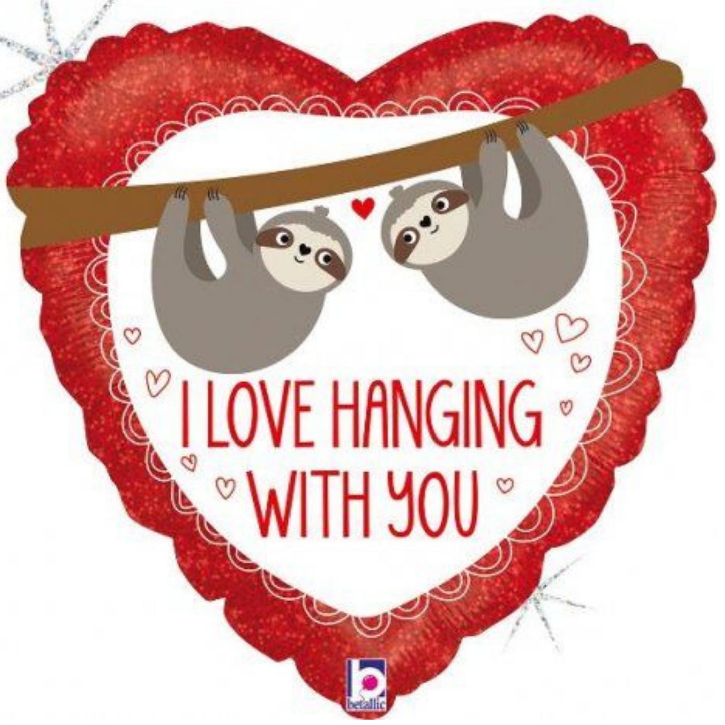 18"/ 46cm LOVE HANGING SLOTHS HOLOGRAPHIC HEART FOIL BALLOON