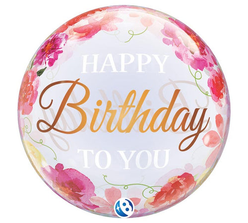 22" HAPPY BIRTHDAY PINK PEONIES BUBBLE BALLOON