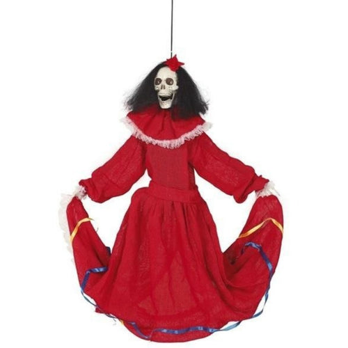 CREEPY SKELETON LADY IN RED DRESS HANGING DECORATION (80cm)