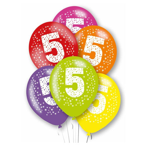 11"/ 27cm MULTICOLOURED AGE '5' 6 PACK LATEX BALLOONS