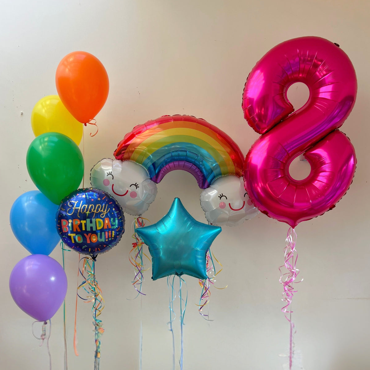 Giant Pink '8', Rainbow Supershape, 18" Printed Foil and Foil Star, Rainbow Latex Cluster