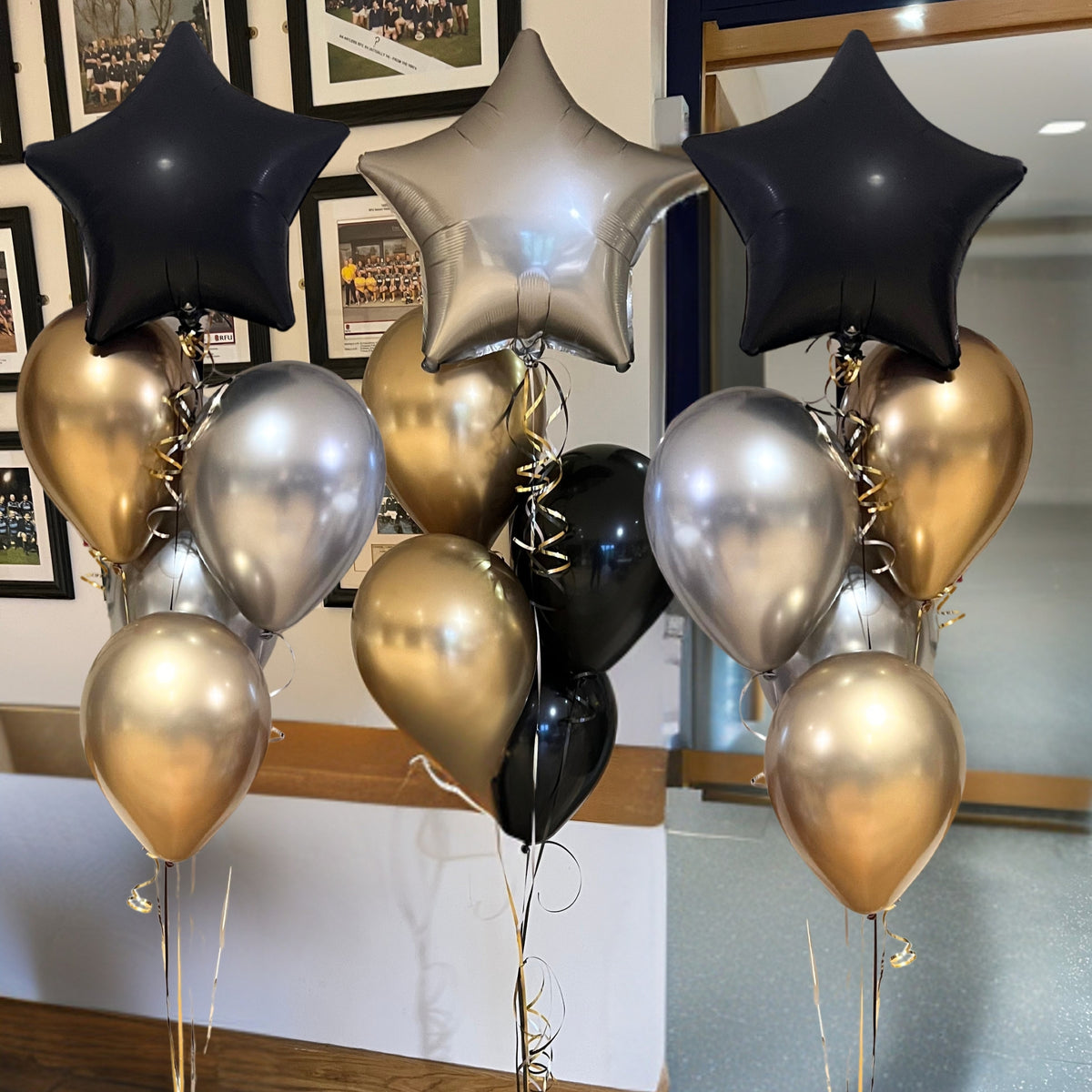 Black Onyx & Platinum Satin Luxe Foil Stars with Gold Chrome, Silver Chrome & Black Latex - Floor Clusters of 5
