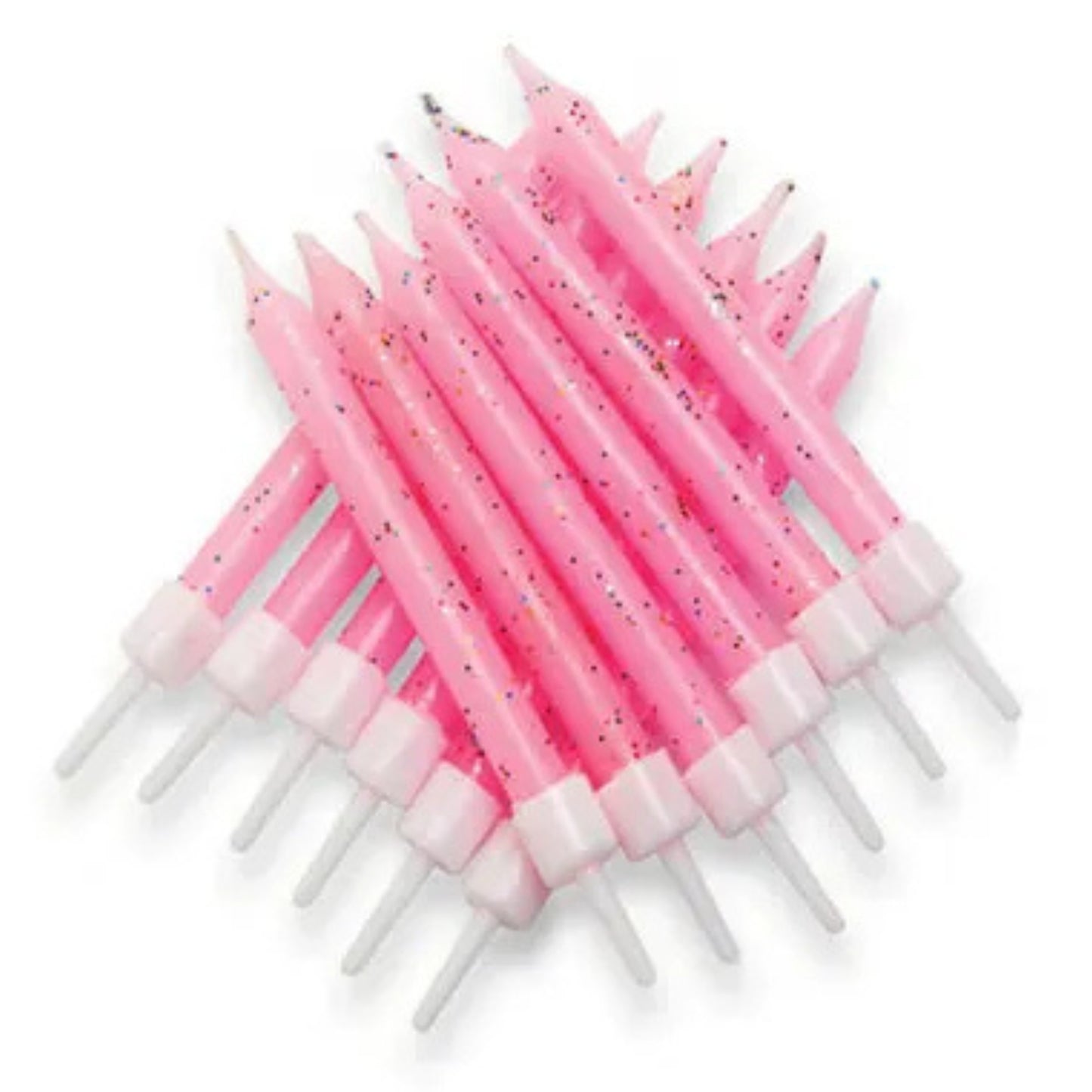 3"/ 7.5cm PINK GLITTER BIRTHDAY CANDLES WITH HOLDERS (12 PACK)