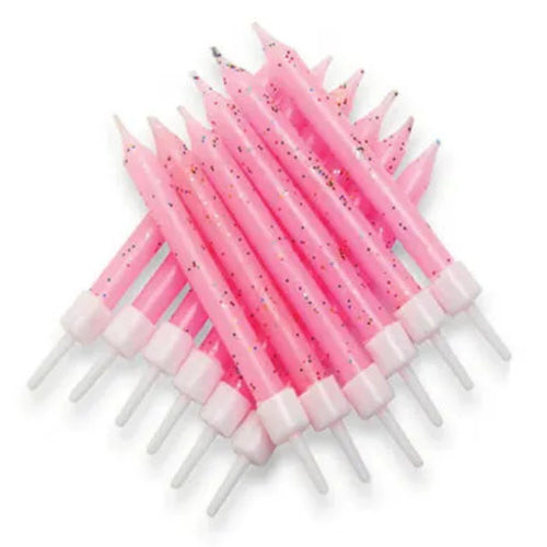 3"/ 7.5cm PINK GLITTER BIRTHDAY CANDLES WITH HOLDERS (12 PACK)