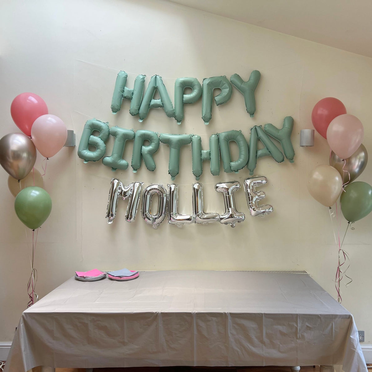 Pastel Green 'Happy Birthday' Air-Fill Balloon Letter Kit, 14" Silver Balloon Letters, with Clusters of Rosewood, Rose Pastel Dusk, Champagne Chrome, White Sand & Eucalyptus Latex