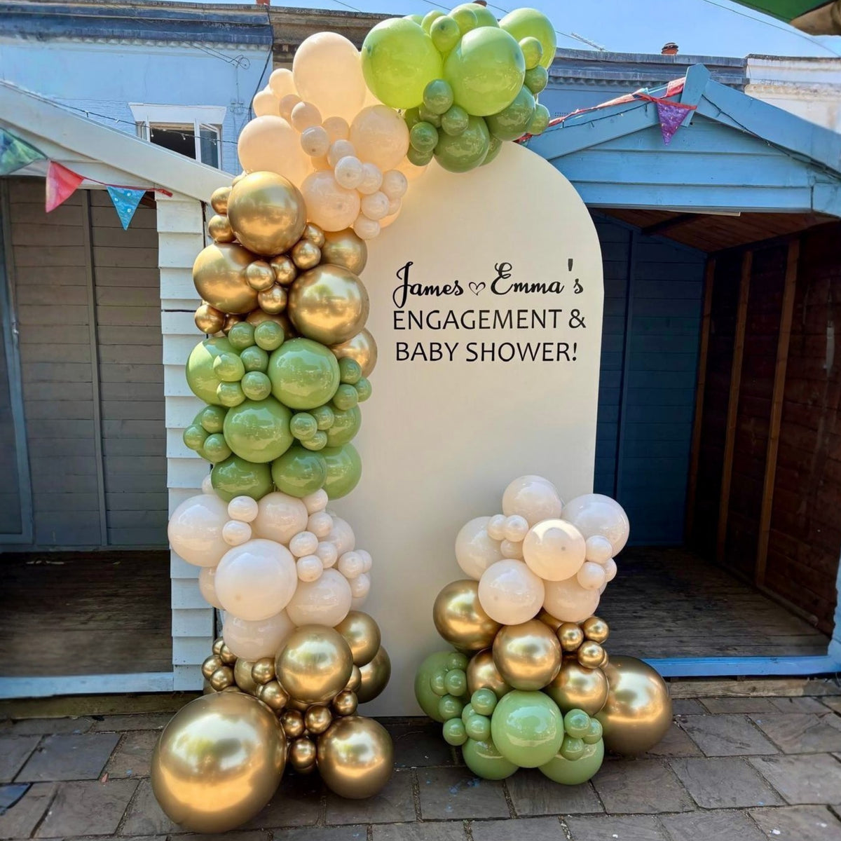 Sailboard with Personalised Vinyl Print and Gold Chrome, Eucalyptus & Cream Pastel Dusk Balloon Garland